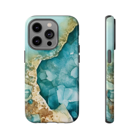 Aquamarine inspired Geode in Watercolor - Impact Resistant Phone Case iPhone 14 Pro Glossy